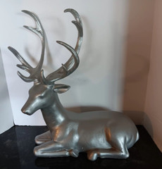 Modern Silver Resin Plastic Reindeer Deer Resting Figurine 15″ High, 12″ Long