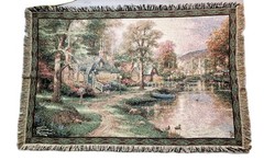 Thomas Kinkade «Home Town Lake» Throw Blanket Tapestry 100% Cotton Made USA