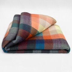 COZY CHECKER ALPACA WOOL BLANKET 96″ x 66″ MULTICOLOR PLAID IN ORANGE BLUE BROWN