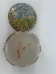 Vintage Chinoiserie Porcelain Trinket Box Hand Painted Floral Pink Green
