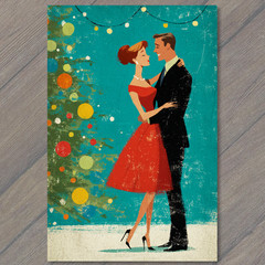 Art Print Retro Couple Dance Red Dress Christmas Tree Holiday Midcentury Style