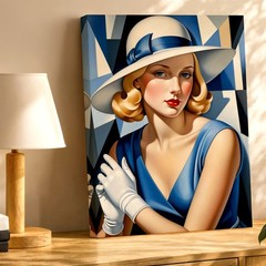 Wall Art Art Deco Woman Portrait Print Blue Dress White Hat Geometric Poster