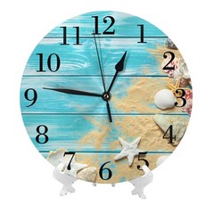 9.8 Inch Sea Shell Wood Board Wall Clock Silent Ocean Round Battery Decor