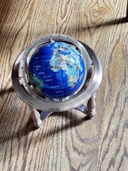 Semi-Precious Gemstone Globe 9” In Copper Tone Stand with Compass