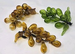 Vintage MCM Decorative Blown Glass Cluster Grapes Amber & Green (Set Of 3)