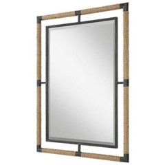 Maklaine Coastal Iron Rope MDF Wood and Glass Mirror in Rust Black