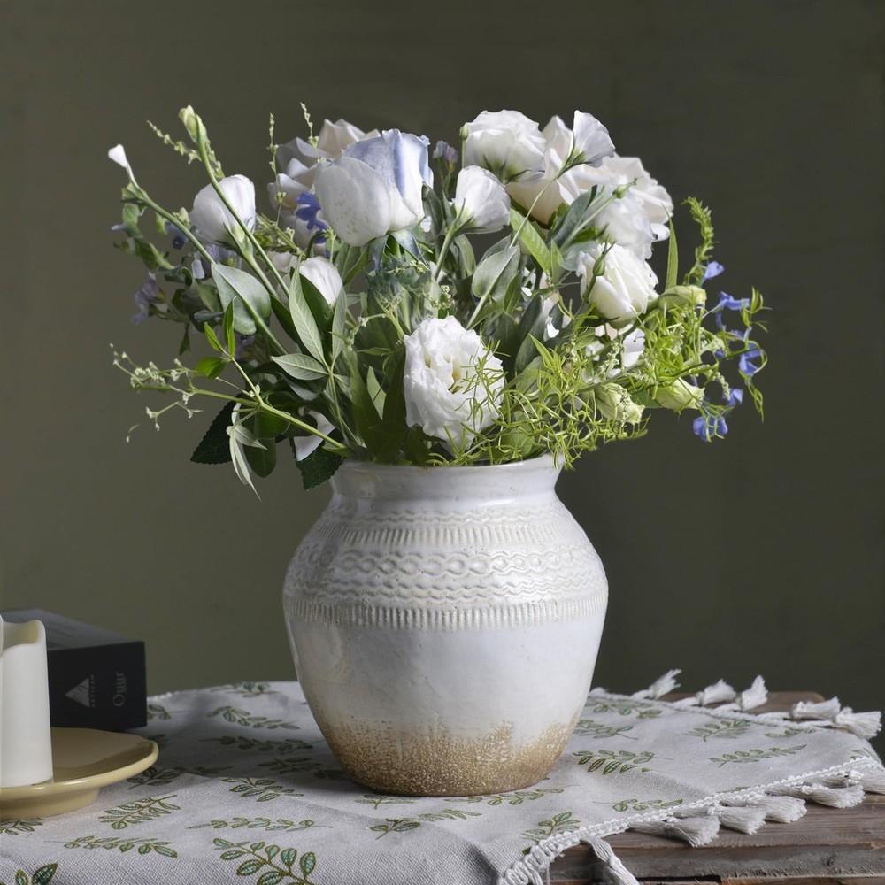 Ceramic Rustic Farmhouse Vase, White Distressed Flower Vase for Home Decor, B…