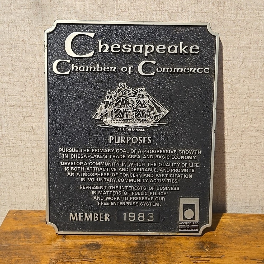 Vtg Chesapeake Virginia Chamber Of Commerce Sign 7×9 Inches Member 1983