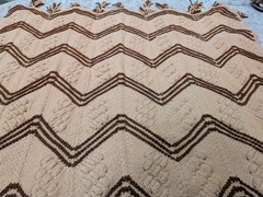 Hand Knit Crocheted Chevron Sofa Throw Blanket Beige & Brown Fringed 41″ x 66″