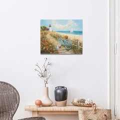 Vibrant Coastal Wall Decor: Framed Beach Bicycle and Lighthouse Canvas, 20”x16”