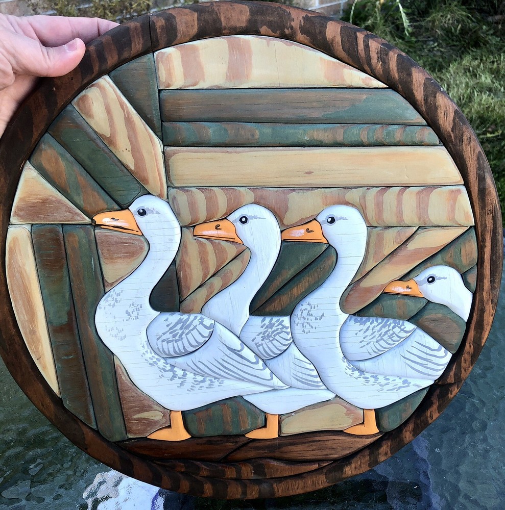 Vtg 3D Geese In A Row Custom Made Wood Wall Art- Cottage Farm House Decor