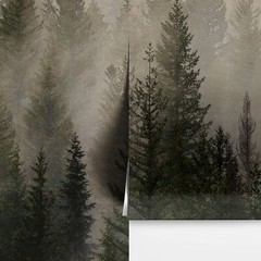 Misty Pine Tree Forest Landscape Wallpaper. Peel and Stick Wall Mural. Self Adhe