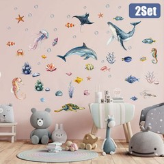 2PCS Marine Life Wall Decals Removable Ocean Stickers For Smooth Walls, Wardrobe