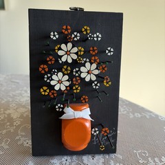Vintage 1960s-70s Wooden Nail Art Floral Wall Plaque Handpainted Flower Bouquet