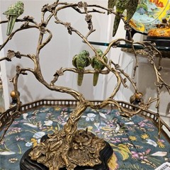 STUNNING PORCELAIN & BRONZE ORMOLU BIRDS ON TREE BRANCH SCULPTURE -18» X 16»H