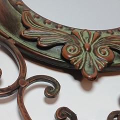 Metal Baroque Style Round Wall Mirror Green Patina Ornate Regency 18” Long