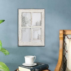 Rustic Small Window Pane Mirror Wall Decor 11 x 16 inches, Hanging Distressed Wh