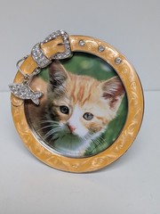 Beige Yellow Free Standing Round Collar Pet Picture Frame Enamel Cat Rhinestone
