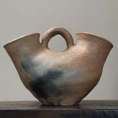 Tlahuitoltepec Primitive Double Mouthed Wood Fired Clay Jug with Handle