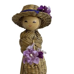 Handmade Straw Doll Woman With Hat and Basket Purple Flowers Blue Ribbon Accent