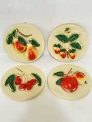 Vtg 4pc Set Round Florentine Art Co Chalkware Fruit Wall Plaques Kitchen Decor