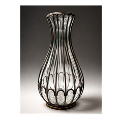 Large Hand Blown Glass Vase w/ Bronze Metal Cage Overlay Tuscan Decor 13 in