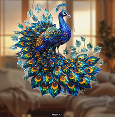 Bohemian Peacock Suncatcher – 8″ Acrylic Colorful Stained Glass Look, Art Deco