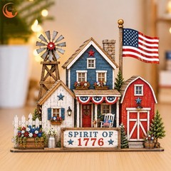 Rustic Americana Patriotic Village Figurine for Farmhouse 4th of July Decor