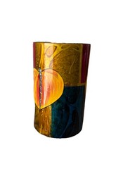 Handmade Ceramic Vase Multicolor Leaves Motif Red Yellow Green Black Gold Glossy