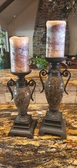 Set Of 2 Tall Ornate Mosaic Pillar Candle Holders Home Decor 12″ & 14″