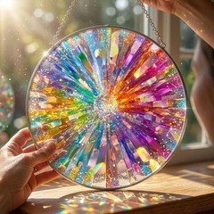 Rainbow Crystal Prism, Holographic Stained Glass Window Hanging,