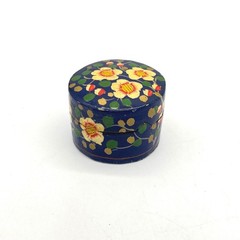 Fetco Kashmir India Hand Painted Papier Mache Floral Trinket Box Navy Blue 2in