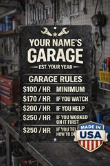 Personalized Garage Sign With Name Custom Mechanic Hourly Rate Funny Metal Man C