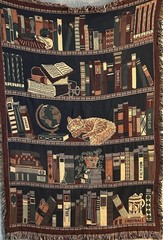 Vntg Goodwin Weavers Cotton Tapestry Fringe Throw Blanket Cat On Bookshelf 48X72