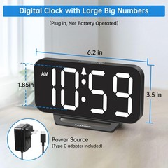 Small Digital Alarm Clock Loud Heavy Sleepers Dimmable Plug In Large Numbers