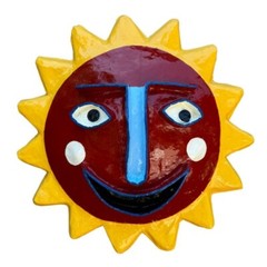 Paper Mache Sun Face Red, Handmade Vintage Haitian Folk Art, Whimsical