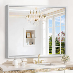 Brushed Silver Rectangle Bathroom Mirror 42×36, Shatterproof, Versatile Mounting