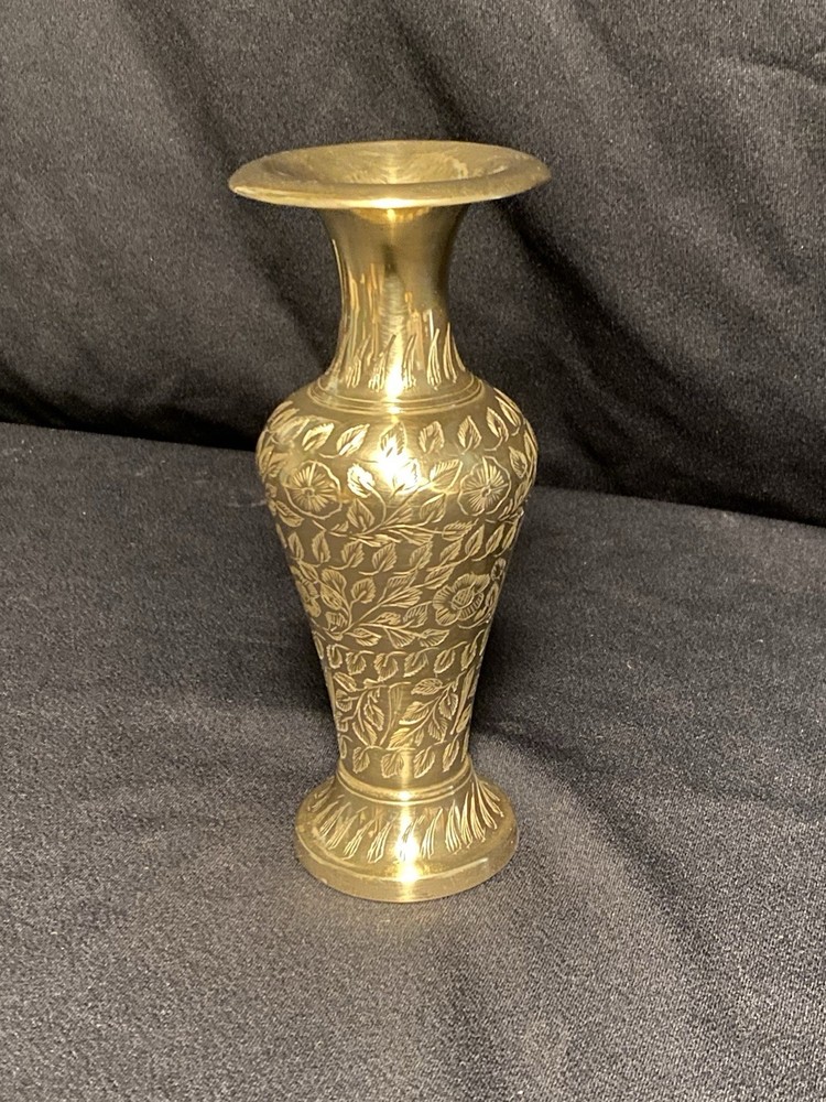 Brass Metal Engraved Floral Trumpet Flower Vase, Gold, 8 in Tall 4 in Wide