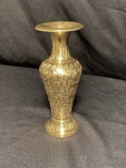 Brass Metal Engraved Floral Trumpet Flower Vase, Gold, 8 in Tall 4 in Wide