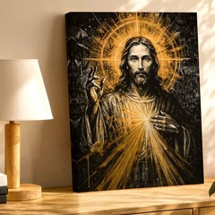 Wall Art Jesus Christ Sacred Heart Religious Canvas Print Gold Black Home Decor
