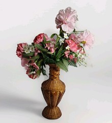 Vintage Woven Rattan Bamboo Vase w Faux Floral Arrangement Boho Cottage Decor