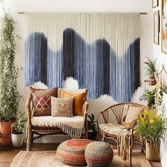 IOWER Macrame Wall Hanging Large Blue Dip Dyed Fiber Art Tapestry, Handmade …