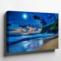 Serene Moonlit Beach Scene At Night, Featuring A Luminous Full Moon Wall Art