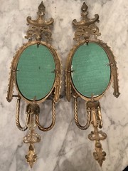Vintage/Retro Brass Gold Oval Wall Mirror Candle Sconces Pair 8in x 20in