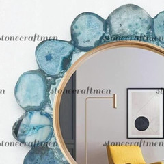 Blue Agate Stone Round Wall Mirror, Blue Agate Stone Wall Hanging Mirror Decor