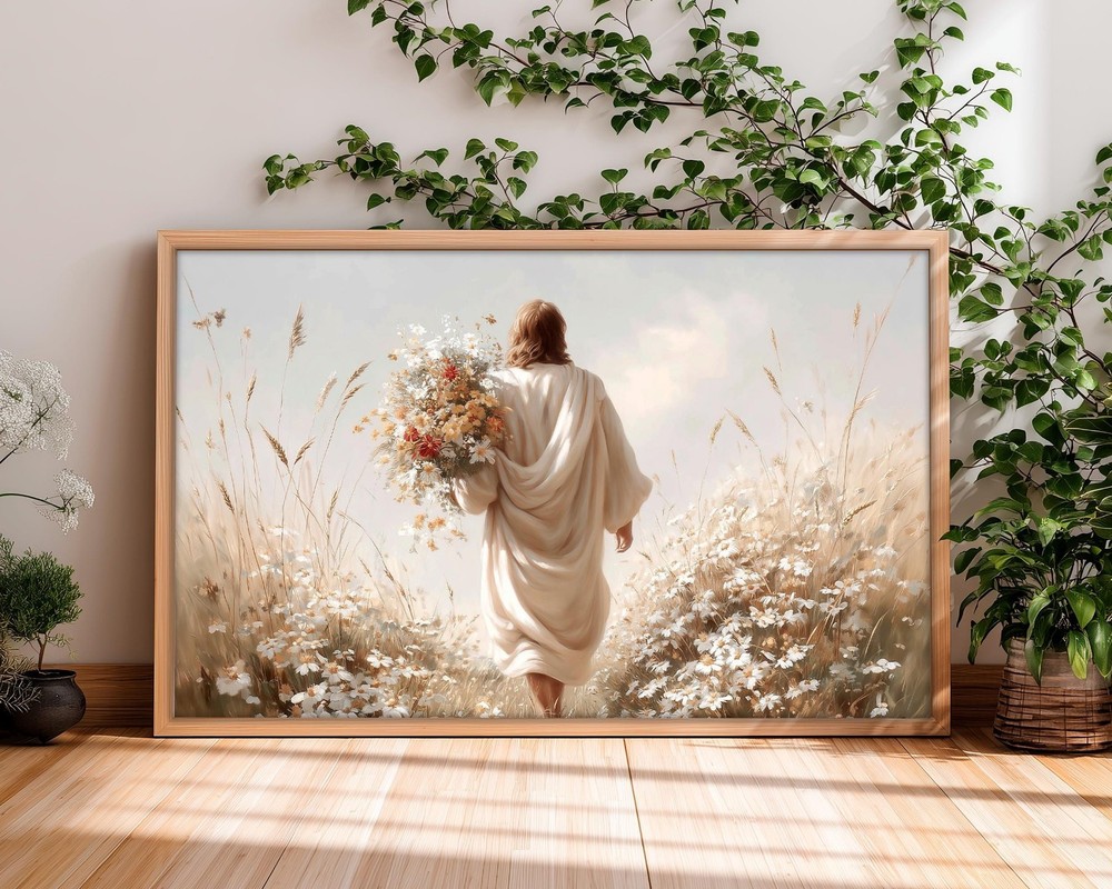 Jesus Walking in Wildflower Field Canvas – Christian Wall Art – Faith Gift