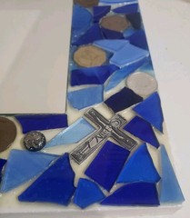 Handcrafted Blue Glass Mosaic Mirror Wood Frame Inlaid With Rare Coins & Emblems