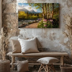 Mountain River Landscape Canvas Wall Art with Birch Trees and Wildflowers Print