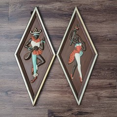 Vintage Mid Century Modern Harlequin Masquerade Diamond Wall Art Pair 3D Plaques