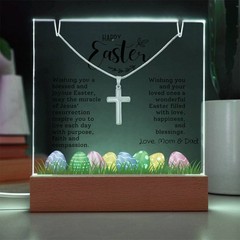 Personalized Easter Cross Necklace with Lighted Acrylic Sign, Easter gift